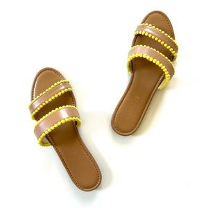 Talbots Tan Vegan Leather Yellow Pom Pom Trim Slide Sandals